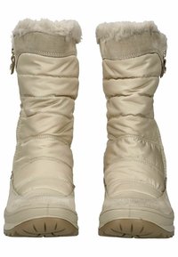 Béžové sněhule s prošívaným saténovým svrchním materiálem, semišovými akcenty, umělou kožešinou na vrchu, gumovými podrážkami s protiskluzovým vzorem a zipovým detailem na boku.