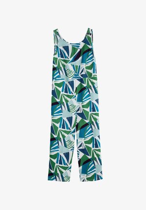 Overall s printom u više boja s geometrijskim uzorkom u nijansama zelene, plave i bijele, s dekolteom u obliku plitkog izreza i podesivim kopčama.