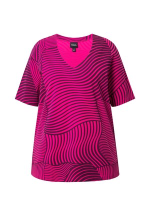 Fuchsias kurzes ärmelloses V-Ausschnitt-Oberteil mit auffälligen schwarzen Wellenmustern, weichem Stoff, lockerer Passform und abgerundetem Saum für optimale Bewegungsfreiheit.
