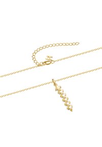 Goldene Halskette mit einer filigranen Kette und einem spitzen Anhängerdesign mit runden Akzenten. Die Kette hat einen Karabinerverschluss und Verlängerungsglieder.