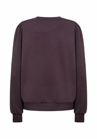 Sudadera de color púrpura oscuro con cuello redondo, mangas largas, puños y dobladillo acanalados, y una textura suave y lisa. Se muestra la vista trasera.