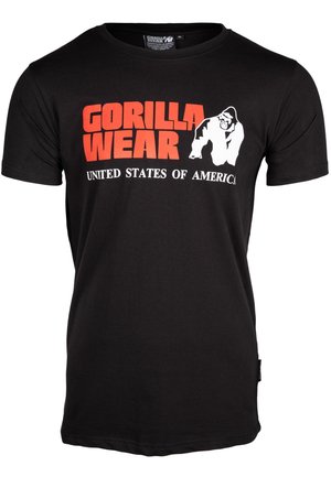 Zwarte katoenen t-shirt met een groot rood "GORILLA WEAR" logo en een witte gorilla grafiek. Bevat de tekst "VERENIGDE STATEN VAN AMERIKA".