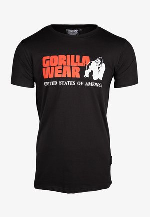 Zwarte katoenen t-shirt met een groot rood "GORILLA WEAR" logo en een witte gorilla grafiek. Bevat de tekst "VERENIGDE STATEN VAN AMERIKA".