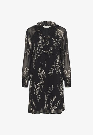 Melnas ziedu kleitas ar caurspīdīgām garām piedurknēm, viļņotu apkakli un smalkiem manšetēm. Visā kleitā ir balti augu raksti. Viegls audums.