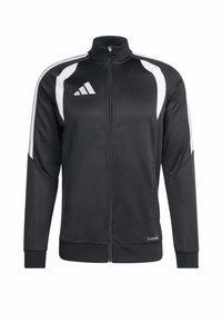 Μαύρο αθλητικό μπουφάν με πλήρες φερμουάρ, λευκές ρίγες στους ώμους και ψηλό γιακά. Το ύφασμα διαθέτει τεχνολογία απομάκρυνσης υγρασίας.