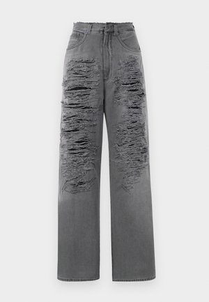 Gray high-waist jeans with large distressed rips on the front. Features a straight leg design and frayed hem. Five pockets included.