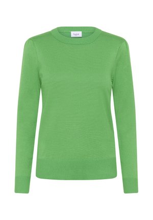 Vihreä neulepusero pyöreällä kaula-aukolla, pitkät hihat ja ribbaa reuna. Suora pinta, yksivärinen, merkitty "Saint".