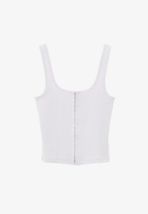 Top corto bianco con spalline larghe, texture a coste e dettaglio con cerniera al centro della schiena. Design semplice e aderente.