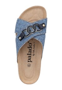 Sandal in tessuto blu con fasce incrociate, caratterizzata da un accento in catena metallica dorata e una soletta testurizzata. Nome del marchio stampato all'interno.