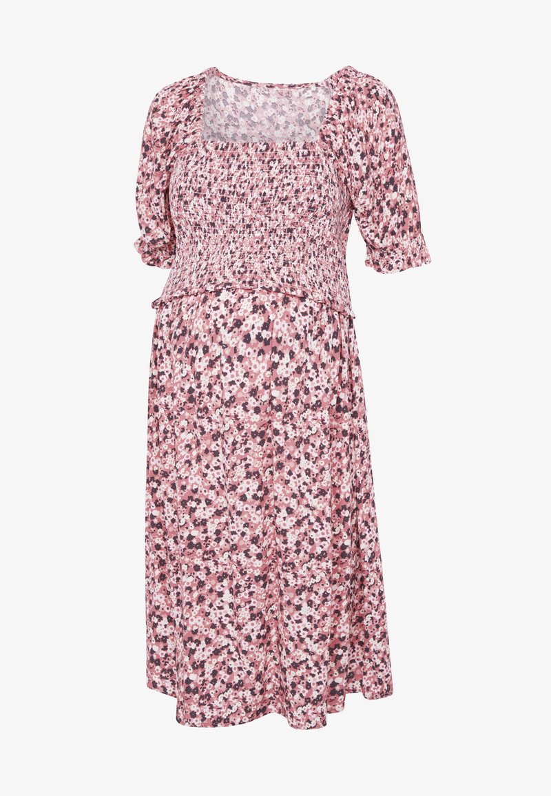 Vestido maxi floral rosa com decote quadrado, mangas curtas bufantes, corpete franzido e saia fluida com uma mistura de cores e pequenos detalhes brancos.