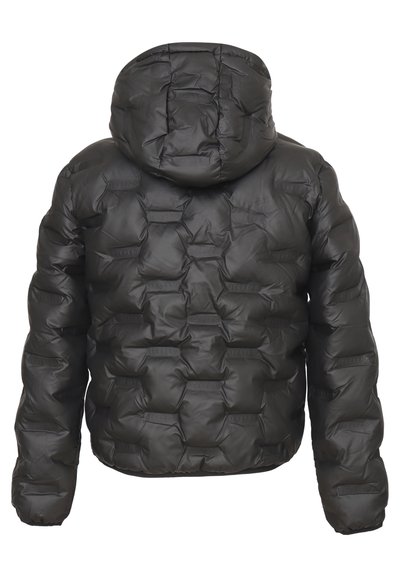Giacca imbottita nera con cappuccio, caratterizzata da un design trapuntato e loghi del marchio goffrati in tutta la superficie. Realizzata in un materiale lucido e isolato.