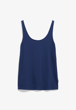Marineblauw tanktop van zachte stof, met een vrouwelijke ronde hals en dunne bandjes. Het heeft een ontspannen pasvorm en geen zichtbare patronen of accenten.