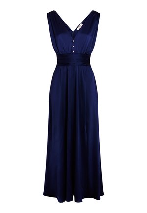Navyblå ærmeløs maxikjole med V-hals, tre knapper på overdelen og bredt taljebåndsdetalje.