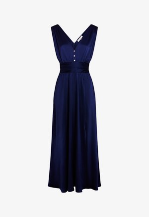 Laivastonsininen sleeveless maksimekko, jossa on V-pääntie, kolme nappia miehustassa ja leveä vyötärönauhays.