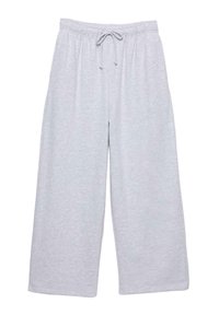 Lys grå sweatpants lavet af blød bomuldsblanding, med elastisk talje og snøring, brede ben og uden yderligere mønstre eller accenter.