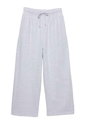 Pantaloni de trening gri deschis, confecționați dintr-un amestec de bumbac moale, cu un tiv elastic și snur ajustabil, picioare largi și fără modele sau accente suplimentare.