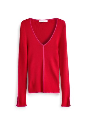 Haut à manches longues rouge en maille côtelée avec un profond col en V et une bordure contrastante rose le long de l'encolure, de la couture avant, des poignets et de l'ourlet.