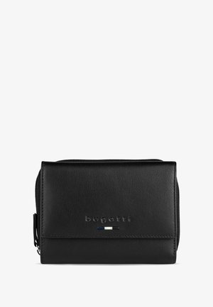 Portefeuille en cuir noir avec une texture lisse, fermeture éclair, logo en relief et une fine bande d'accent en bleu et blanc. Forme rectangulaire compacte.