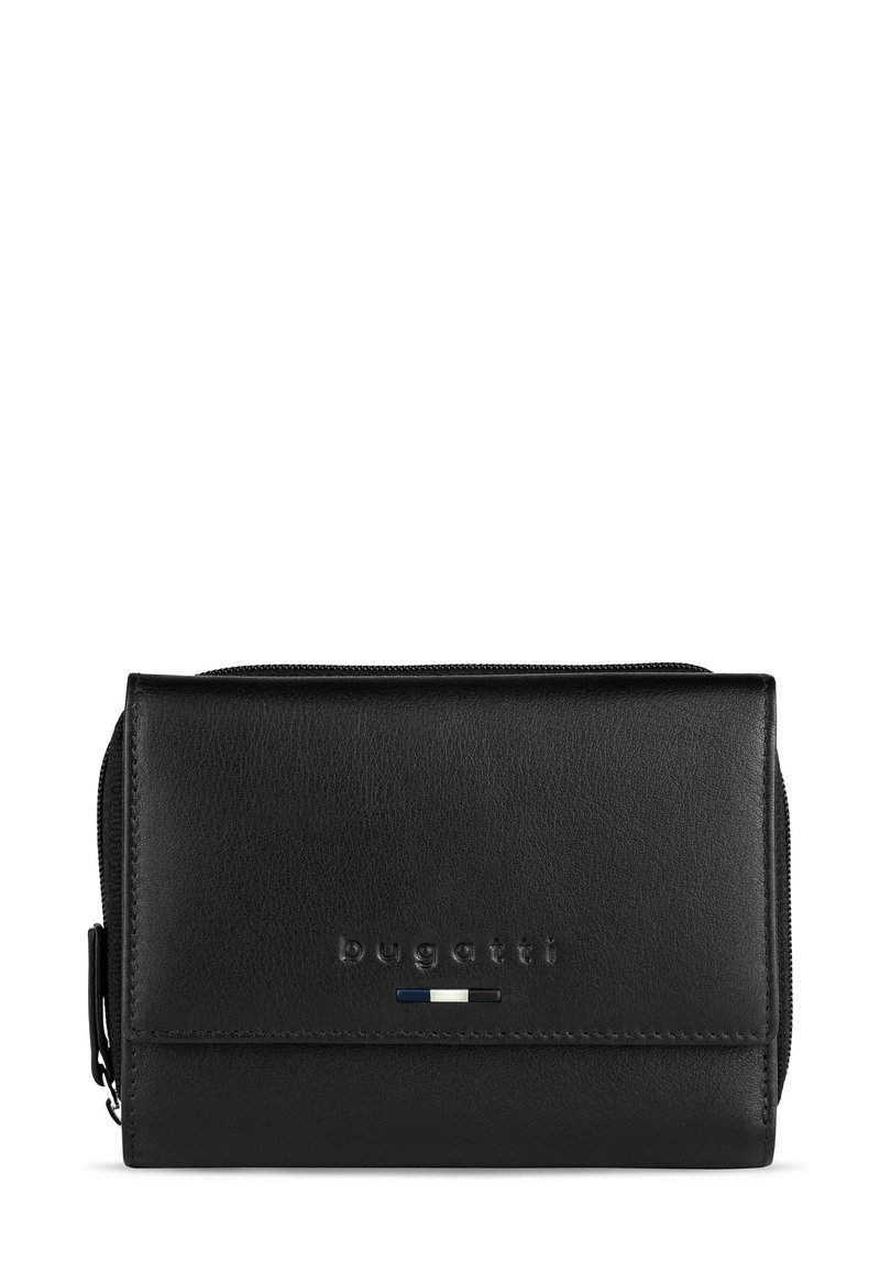 Portafoglio in pelle nera con texture liscia, chiusura a zip, logo impresso e una piccola striscia in blu e bianco. Forma rettangolare compatta.