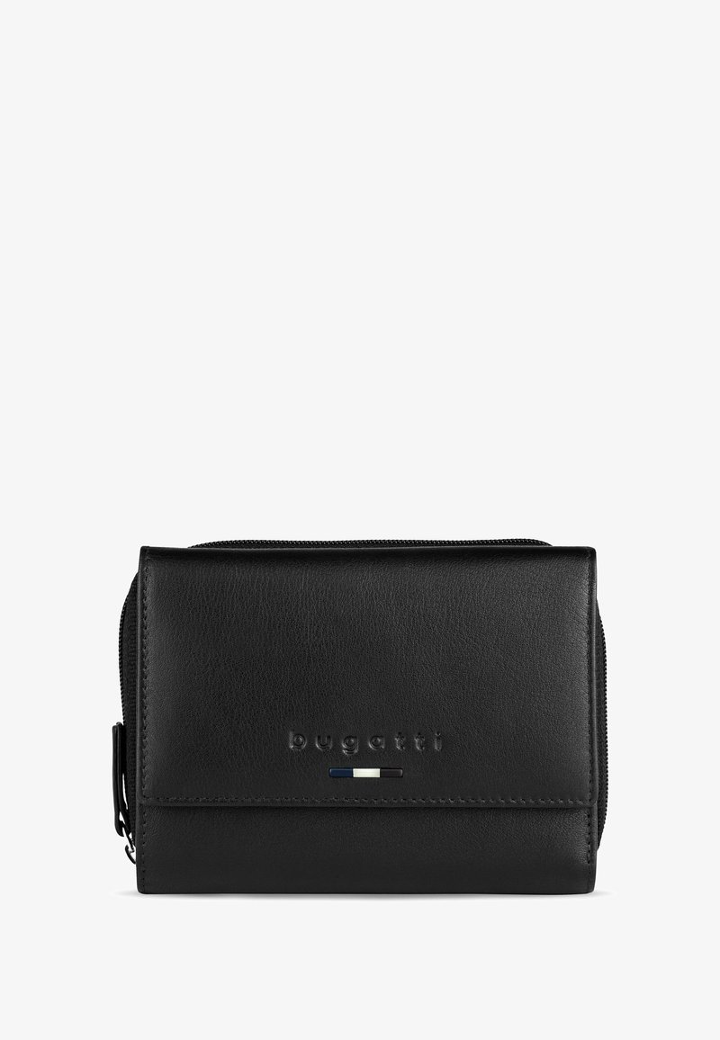 Portafoglio in pelle nera con texture liscia, chiusura a zip, logo impresso e una piccola striscia in blu e bianco. Forma rettangolare compatta.