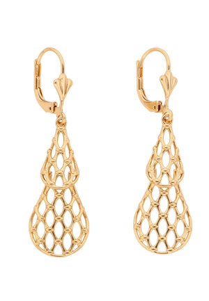 Oorbellen in goudkleur met een verfijnd open lattice druppelontwerp en hefboomsluitingen, afgebeeld op een witte achtergrond.