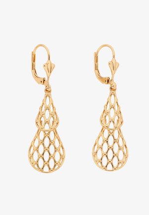 Oorbellen in goudkleur met een verfijnd open lattice druppelontwerp en hefboomsluitingen, afgebeeld op een witte achtergrond.