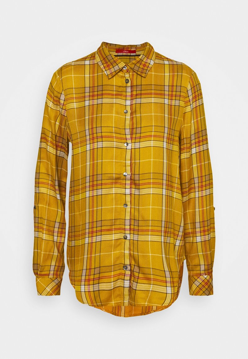 Chemise à manches longues à carreaux jaune moutarde avec boutonnière devant et col pointu, comportant des lignes blanches, rouges et noires dans le motif.