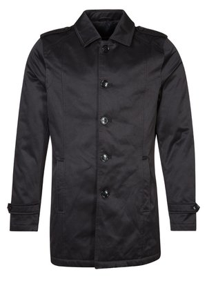 Chaqueta exterior negra hecha de una tela suave, con cierre de botones en el frente, epaulettes, bolsillos laterales y un dobladillo recto.