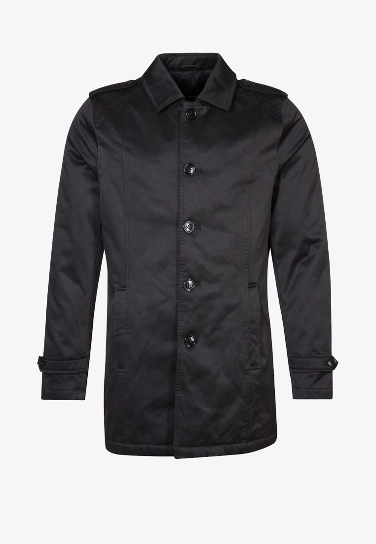 Svart ytterjacka gjord av slät tyg, med knappstängning framtill, axelmärken, sidofickor och rak nederkant.