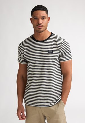 Striped short-sleeve t-shirt in off-white and navy, featuring a black crew neckline and a small brand label on the chest.