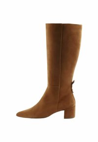 Bruine suede kniehoge laars met een spitse neus, blokhak en een accentdetail aan de achterkant. Glad textuur, eenvoudig ontwerp en hoge schacht.