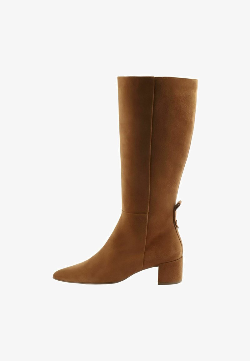 Botte haute en daim marron avec un bout pointu, un talon carré et un détail accent à l'arrière. Texture lisse, design simple et tige haute.