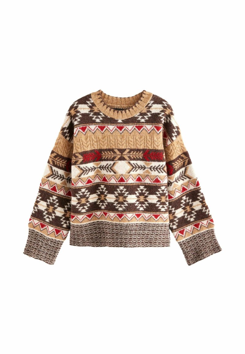 Pull en tricot à col rond avec un motif de bruns, beiges, rouges et blancs, comprenant des designs géométriques et zigzag.