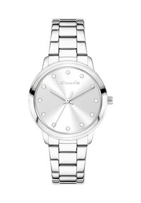 Silberne Metall-Uhr mit rundem Zifferblatt, gebürsteter Metalloberfläche, Punktmarkierungen und poliertem Gliederarmband. Der Markenname "Tamaris" ist aufgedruckt.