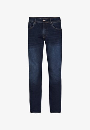 Jeans in denim blu scuro con design a gamba dritta, dotati di tasche frontali e chiusura con bottone. Tessuto morbido con una leggera scoloritura.