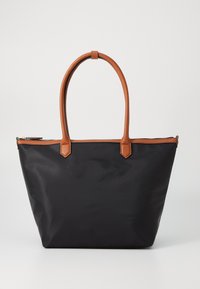Czarna torba na ramię wykonana z nylonu z brązowymi skórzanymi uchwytami i akcentami. Posiada zamek błyskawiczny i zdefiniowany kształt. Minimalistyczny design.