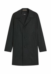 Cappotto in misto lana nero con motivo a quadri, dotato di colletto a punta, chiusura frontale con bottoni e due tasche laterali.