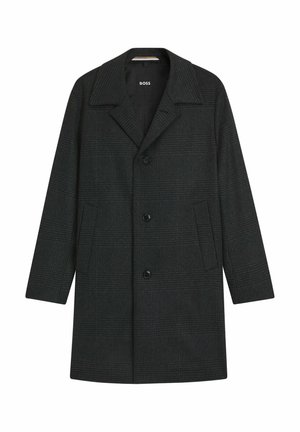 Cappotto in misto lana nero con motivo a quadri, dotato di colletto a punta, chiusura frontale con bottoni e due tasche laterali.