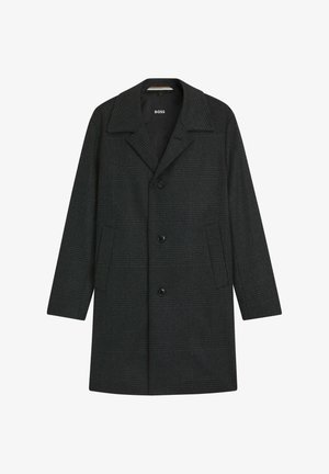 Zwarte wolblend jas met een ruitpatroon, voorzien van een geknipte kraag, sluiting met knopen aan de voorkant en twee zijzakken.