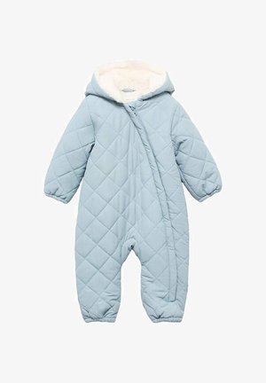 Hellesblaues, gestepptes Einteiler-Baby-Schneeanzug mit Kapuze, gefüttert mit weißem Fleece, seitlichem Reißverschluss und elastischen Bündchen an Handgelenken und Knöcheln.