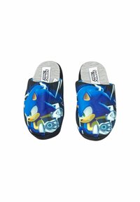 Pantofole a tema Sonic the Hedgehog con un design blu e nero, superiore in morbido tessuto e solette grigie stampate.