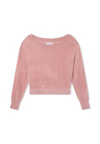 Maglione corto rosa realizzato in materiale morbido e peloso. Presenta maniche lunghe e un ampio scollo, con un orlo inferiore aderente.