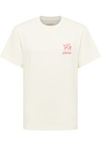 T-shirt en coton couleur crème à manches courtes, avec un motif rouge de cheval et le nom de la marque sur la poitrine. Encolure ronde, coupe décontractée.