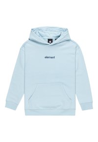 Lichtblauwe hoodie van zachte stof; heeft een kangoeroezak, rib gebreide manchetten en een 'element' logo in donkerblauw op de borst.
