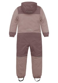 Kindermatschanzug in hellem Mauve, mit elastischen Bündchen und verstellbarem Kapuzenkragen. Reflektierende Details erhöhen die Sichtbarkeit.