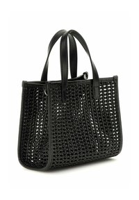 Sac fourre-tout noir avec texture tissée, doté de bandoulières en cuir élégantes et d'un design à ouverture supérieure, mettant en valeur le contraste entre les matériaux.