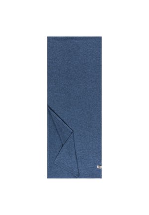 Blue knitted blanket with a textured finish. The fabric is soft, featuring a folded corner and a small brand tag on the edge.