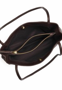 Borsa a tracolla in pelle marrone con due manici, apertura superiore che mostra l'interno in tessuto nero e un vano centrale con cerniera dorata.