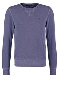 Fialová bavlněná mikina s kulatým výstřihem, žebrovanými manžetami a lemem. Obsahuje malé logo na hrudi a texturovaný povrch látky.