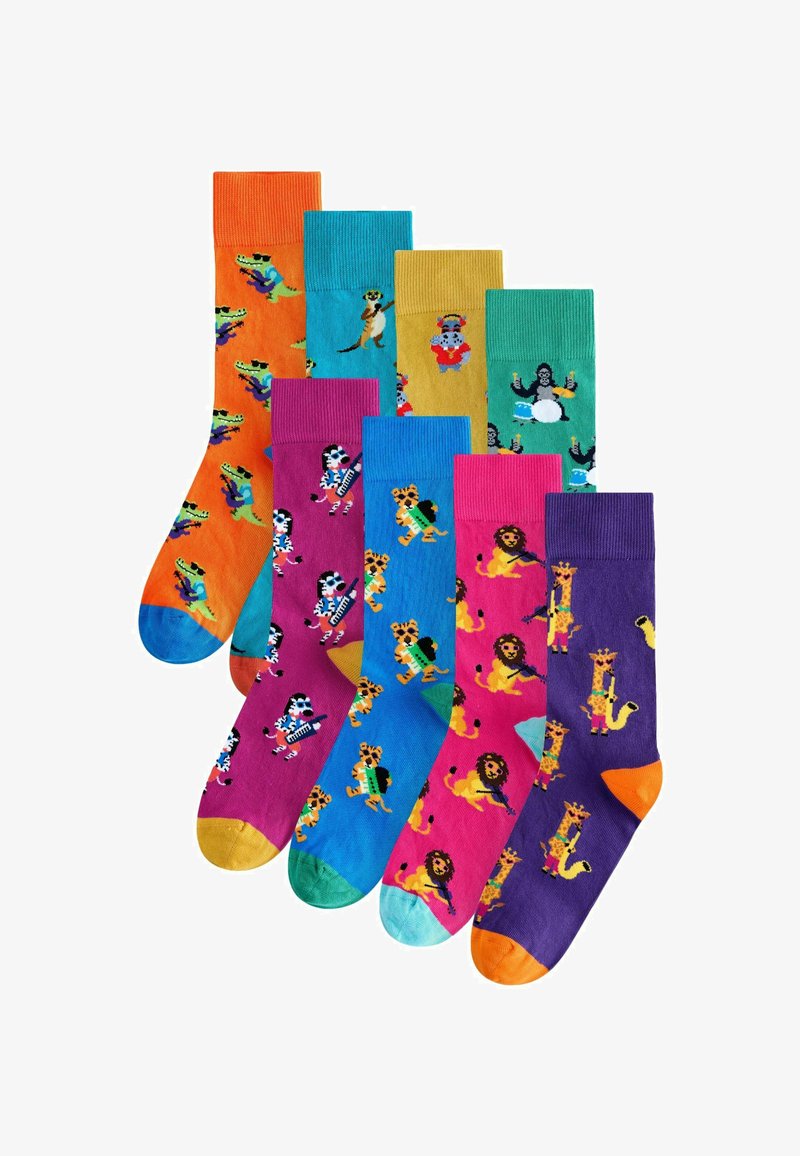 Sæt med otte farverige sokker med dyremønstre. Materialet er bomuld; designene inkluderer zebraer, løver og andre figurer i livlige nuancer.